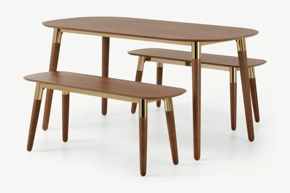 Juego de Bancos y Mesa de Comedor Edelweiss – Nogal y Dorado
