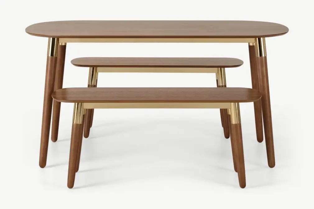 Juego de Bancos y Mesa de Comedor Edelweiss – Nogal y Dorado