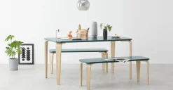 Juego de Comedor de Bancos Alma – Azul Cerceta y Fresno