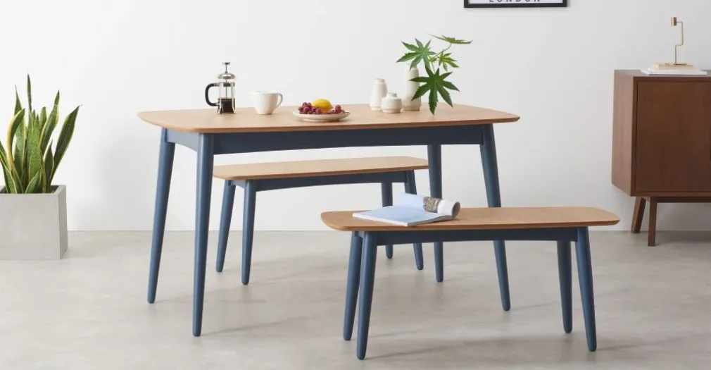 Juego de Comedor de Bancos Deauville – Roble y Azul Pizarra