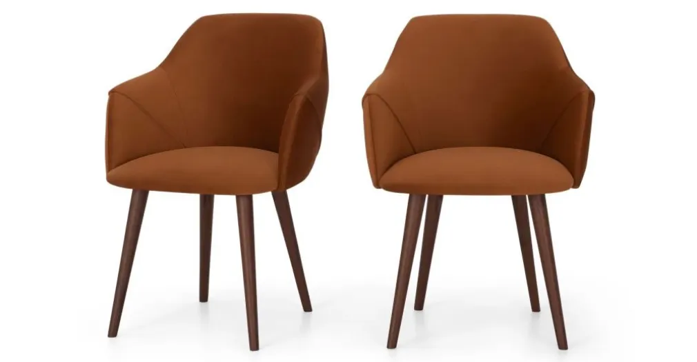 Juego de 2 sillas de comedor con reposabrazos Lule – Terciopelo naranja y nogal