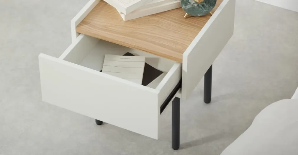 Mesa de noche Mino – Roble y blanco marfil