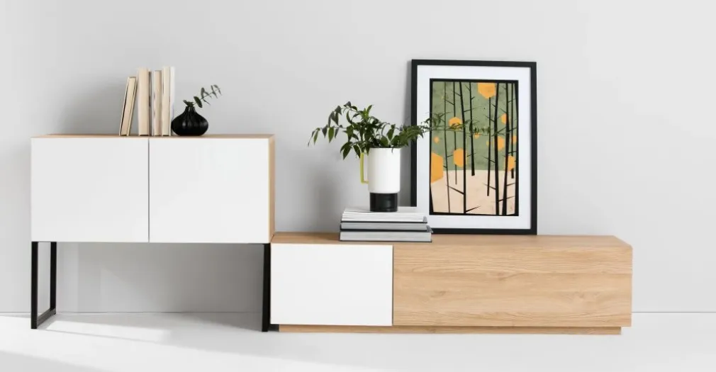 Mueble multimedia Hopkins – Roble y blanco